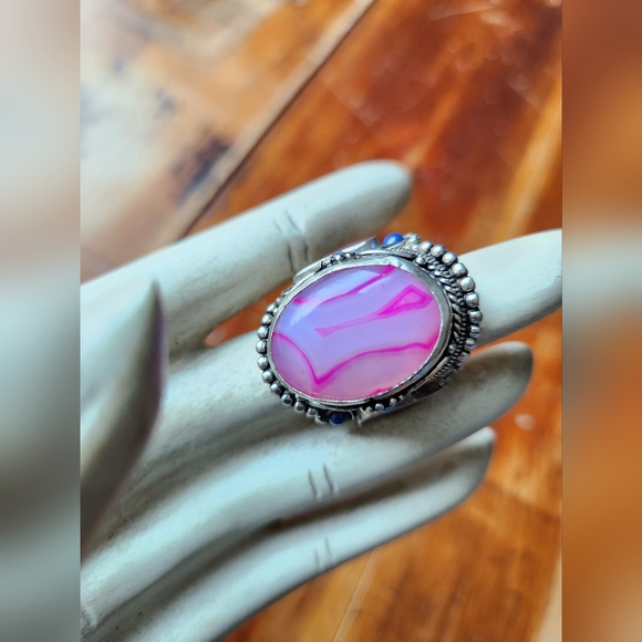 Agate, Lapis, Turquoise & Coral Gemstone Adjustable Statement Ring - Picture 8 of 16